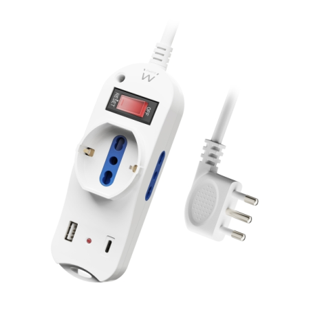 Multiprise Ewent 6 prises - 2 prises L + 1 prise L/F (Schuko) - 1 port USB-A - 1 port USB-C - Fiche italienne coudée plate - Int