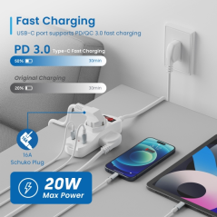 Multiprise Ewent 6 prises - 2 prises L + 1 prise L/F (Schuko) - 1 port USB-A - 1 port USB-C - Fiche italienne coudée plate - Int