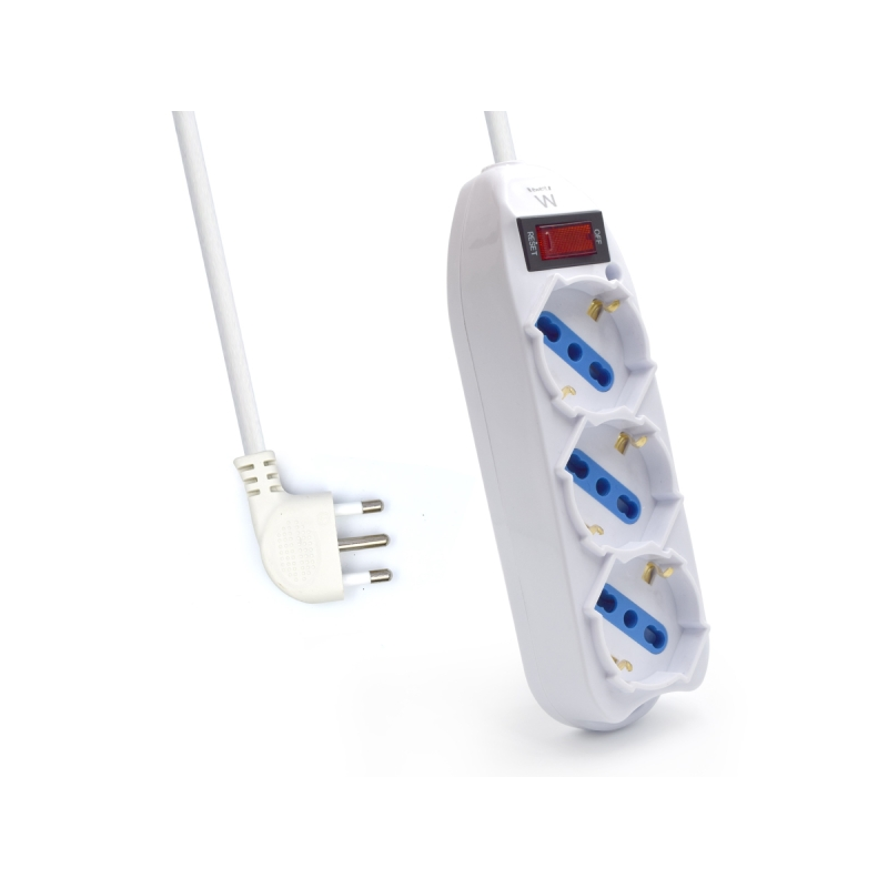 Multiprise Ewent avec 3 prises Schuko 10/16 A - Interrupteur marche/arrêt - Fiche italienne coudée plate - Câble de 1,5 m - Blan