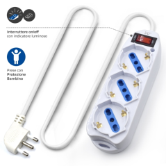 Multiprise Ewent avec 3 prises Schuko 10/16 A - Interrupteur marche/arrêt - Fiche italienne coudée plate - Câble de 1,5 m - Blan