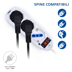 Multiprise Ewent avec 3 prises Schuko 10/16 A - Interrupteur marche/arrêt - Fiche italienne coudée plate - Câble de 1,5 m - Blan