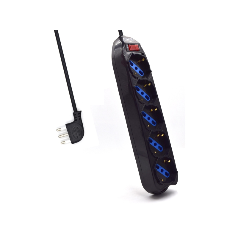 Multiprise Ewent avec 5 prises Schuko 10/16 A - Interrupteur marche/arrêt - Fiche italienne coudée plate - Câble de 1,5 m - Noir