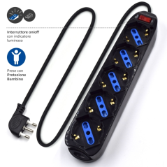 Multiprise Ewent avec 5 prises Schuko 10/16 A - Interrupteur marche/arrêt - Fiche italienne coudée plate - Câble de 1,5 m - Noir