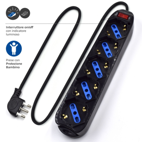 Multiprise Ewent avec 5 prises Schuko 10/16 A - Interrupteur marche/arrêt - Fiche italienne coudée plate - Câble de 1,5 m - Noir