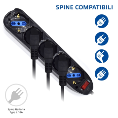 Multiprise Ewent avec 5 prises Schuko 10/16 A - Interrupteur marche/arrêt - Fiche italienne coudée plate - Câble de 1,5 m - Noir