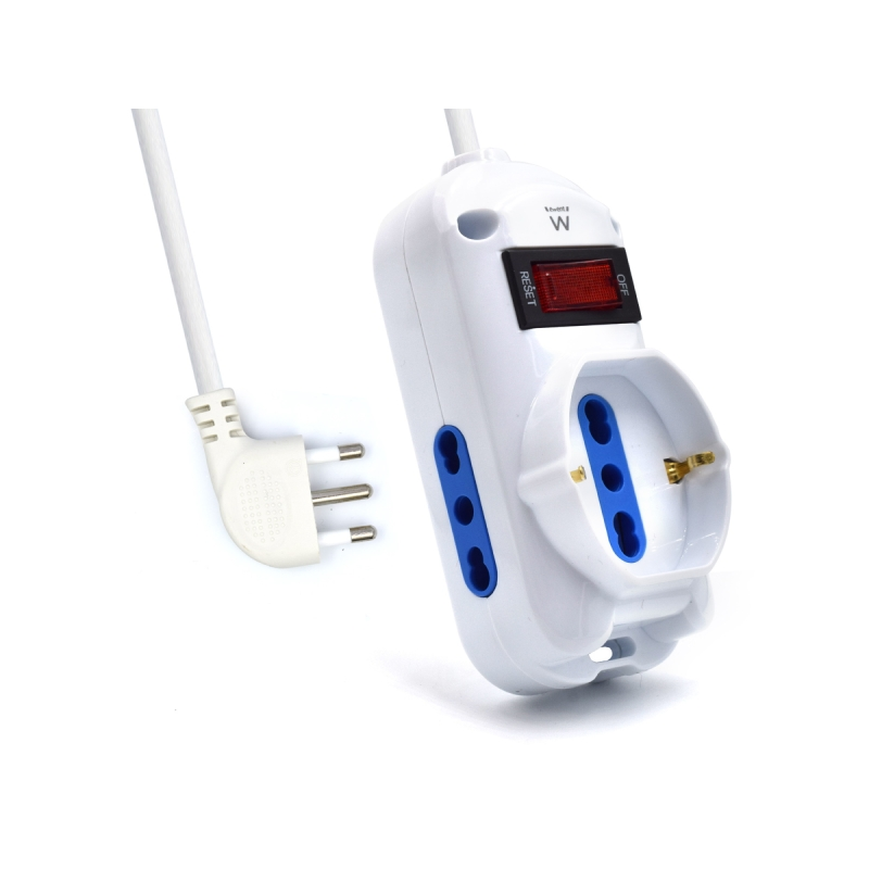 Multiprise 3 prises Ewent - 2 prises L + 1 prise L/F (Schuko) - Interrupteur marche/arrêt - Fiche italienne coudée plate - Câble