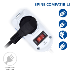 Multiprise 3 prises Ewent - 2 prises L + 1 prise L/F (Schuko) - Interrupteur marche/arrêt - Fiche italienne coudée plate - Câble