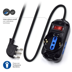 Multiprise 3 prises Ewent - 2 prises L + 1 prise L/F (Schuko) - Interrupteur marche/arrêt - Fiche italienne coudée plate - Câble