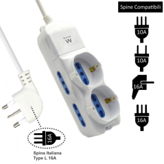 Multiprise 6 prises Ewent - 4 prises L + 2 prises L/F (Schuko) - Protection enfant - Fiche italienne coudée plate - Câble de 1,5