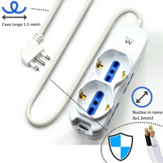 Multiprise 6 prises Ewent - 4 prises L + 2 prises L/F (Schuko) - Protection enfant - Fiche italienne coudée plate - Câble de 1,5