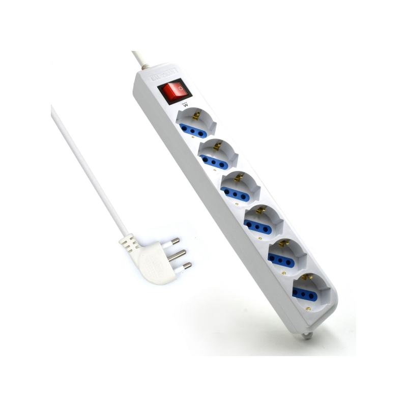 Multiprise Ewent avec 6 prises Schuko 10/16 A - Protection contre les surtensions - Protection enfants - Fiche italienne coudée