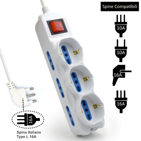 Multiprise 9 prises Ewent - 6 grandes prises + 3 prises gauche/flexibles (Schuko) - Interrupteur marche/arrêt - Protection contr