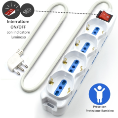 Multiprise Ewent 12 prises - 8 prises L + 4 prises L/F (Schuko) - Interrupteur - Protection enfant - Fiche italienne coudée plat
