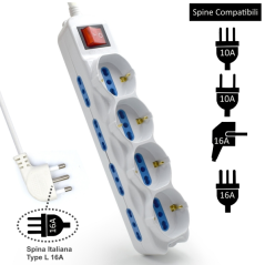 Multiprise 6 prises Ewent - 8 grandes prises + 4 prises gauches/flexibles (Schuko) - Interrupteur marche/arrêt - Protection enfa