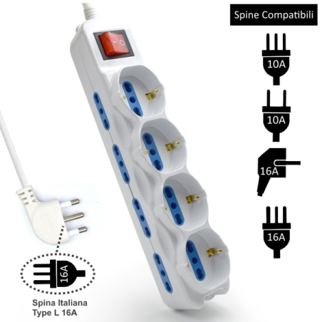 Multiprise 6 prises Ewent - 8 grandes prises + 4 prises gauches/flexibles (Schuko) - Interrupteur marche/arrêt - Protection enfa