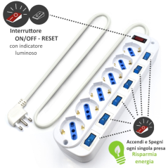 Multiprise Ewent avec 6 prises Schuko 10/16 A - Interrupteur marche/arrêt général et individuel - Protection contre les surtensi