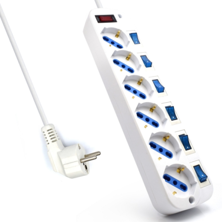 Multiprise Ewent EW3932 avec 6 prises - Protection contre les surtensions - Interrupteurs individuels. Couleur blanche