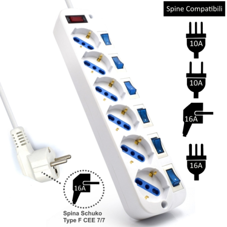Multiprise Ewent EW3932 avec 6 prises - Protection contre les surtensions - Interrupteurs individuels. Couleur blanche
