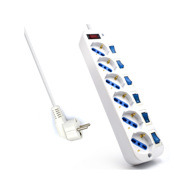 Multiprise Ewent - 6 prises - Version Schuko - 16 A avec interrupteur marche/arrêt sur chaque port - Parasurtenseur - Câble de 5