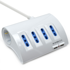 Multiprise Ewent 6 prises - 4 prises L + 2 prises L/F (Schuko) - 2x USB-A - Protection enfant - Fiche italienne coudée plate - P