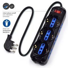 Multiprise 9 prises Ewent - 6 prises L + 3 prises L/F (Schuko) - Interrupteur marche/arrêt - Fiche italienne coudée plate - Câbl