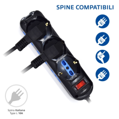 Multiprise 9 prises Ewent - 6 prises L + 3 prises L/F (Schuko) - Interrupteur marche/arrêt - Fiche italienne coudée plate - Câbl