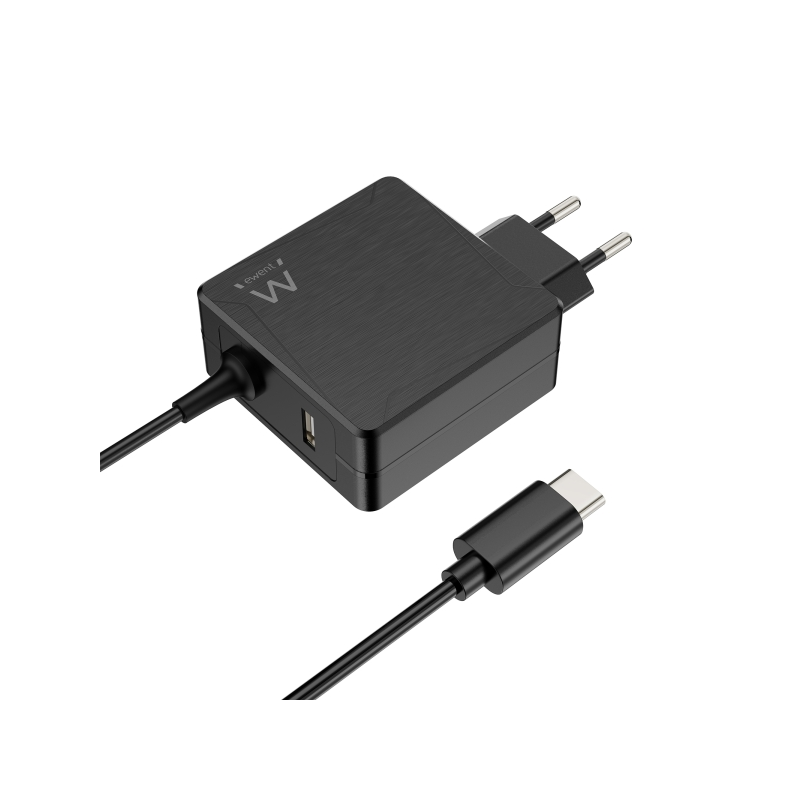 Chargeur mural USB-C Ewent 65 W - Power Delivery - USB-A supplémentaire - Câble de 1,5 m - Protection électrique - Noir