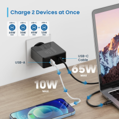 Chargeur mural USB-C Ewent 65 W - Power Delivery - USB-A supplémentaire - Câble de 1,5 m - Protection électrique - Noir