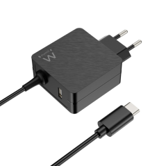 Chargeur mural USB-C Ewent 45 W - Power Delivery - USB-A supplémentaire - Câble de 1,5 m - Protection électrique - Noir