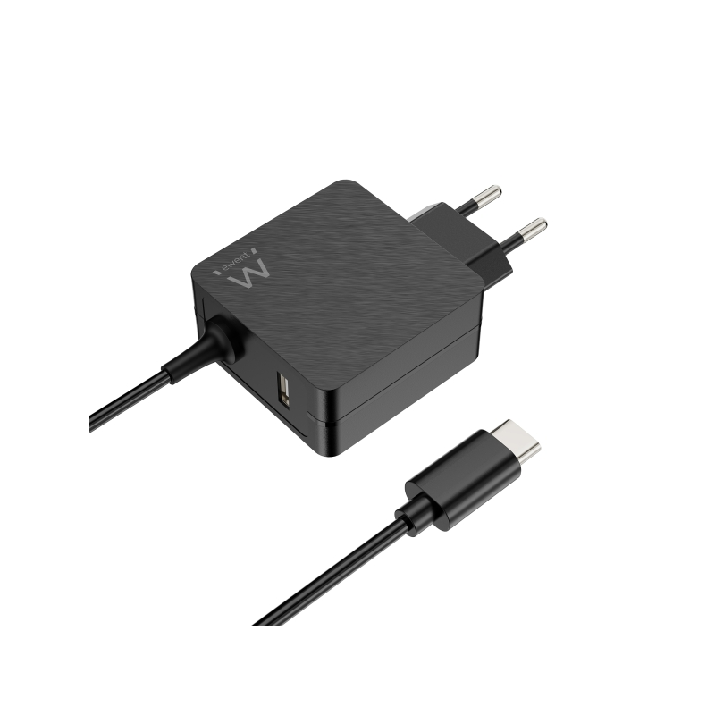 Chargeur mural USB-C Ewent 45 W - Power Delivery - USB-A supplémentaire - Câble de 1,5 m - Protection électrique - Noir