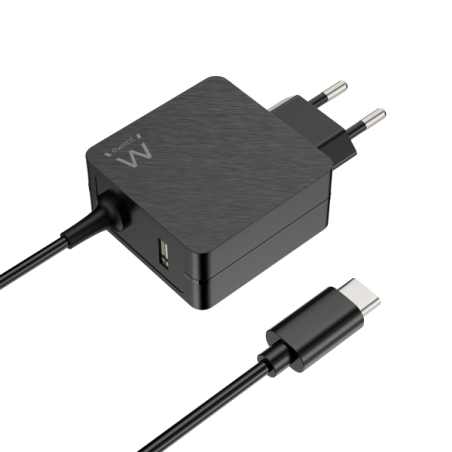 Chargeur mural USB-C Ewent 45 W - Power Delivery - USB-A supplémentaire - Câble de 1,5 m - Protection électrique - Noir