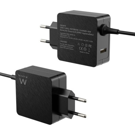 Chargeur mural USB-C Ewent 45 W - Power Delivery - USB-A supplémentaire - Câble de 1,5 m - Protection électrique - Noir