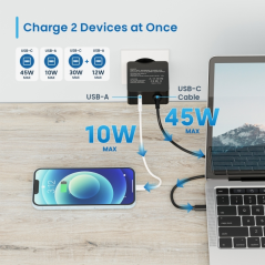 Chargeur mural USB-C Ewent 45 W - Power Delivery - USB-A supplémentaire - Câble de 1,5 m - Protection électrique - Noir