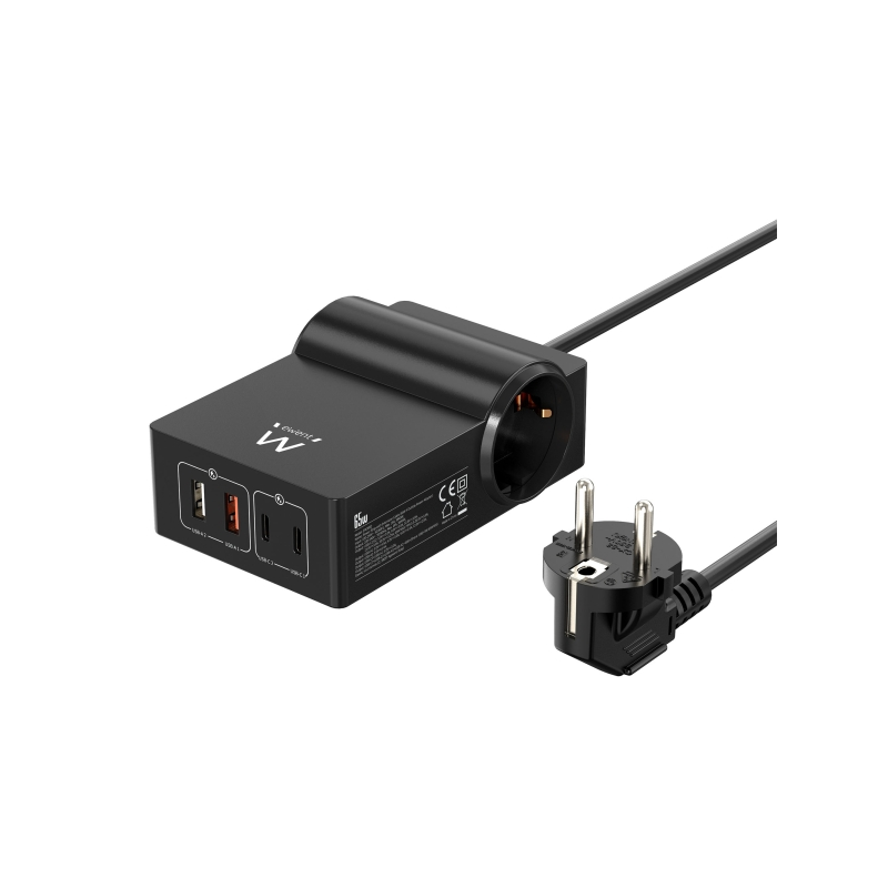 Chargeur USB Ewent avec 2 prises Schuko 16 A - 65 W GaN - 2 x USB-A - 2 x USB-C - Câble de 1,5 m - Protection enfant - Protectio