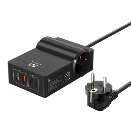 Chargeur USB Ewent avec 2 prises Schuko 16 A - 65 W GaN - 2 x USB-A - 2 x USB-C - Câble de 1,5 m - Protection enfant - Protectio