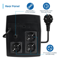 Onduleur interactif Ewent 1300 VA/720 W - 3 prises Schuko - Câble d'alimentation - Fonction AVR - Notifications sonores et LED -