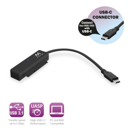 Câble adaptateur Ewent SATA vers USB-C - USB-C 3.2 Gen1 - SSD/HDD 2,5" - ABS robuste - Voyant LED - Noir