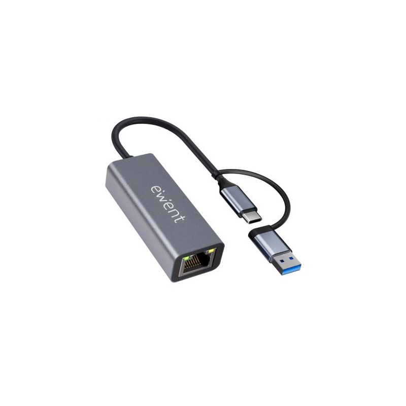 Ewent Adaptador de Red USB-C + USB-A a Ethernet Gigabit 10/100/1000 Mbps - 15 cm - Color Gris