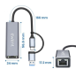 Ewent Adaptador de Red USB-C + USB-A a Ethernet Gigabit 10/100/1000 Mbps - 15 cm - Color Gris