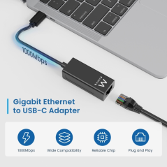 Adaptateur réseau Ewent RJ45 vers USB-C - Gigabit 10/100/1000 Mbps - Câble de 15 cm - Couleur noire