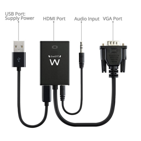 Convertisseur VGA vers HDMI Ewent EW9866 avec audio - Résolution maximale de 1920 x 1200 pixels - Sans pilote - Noir