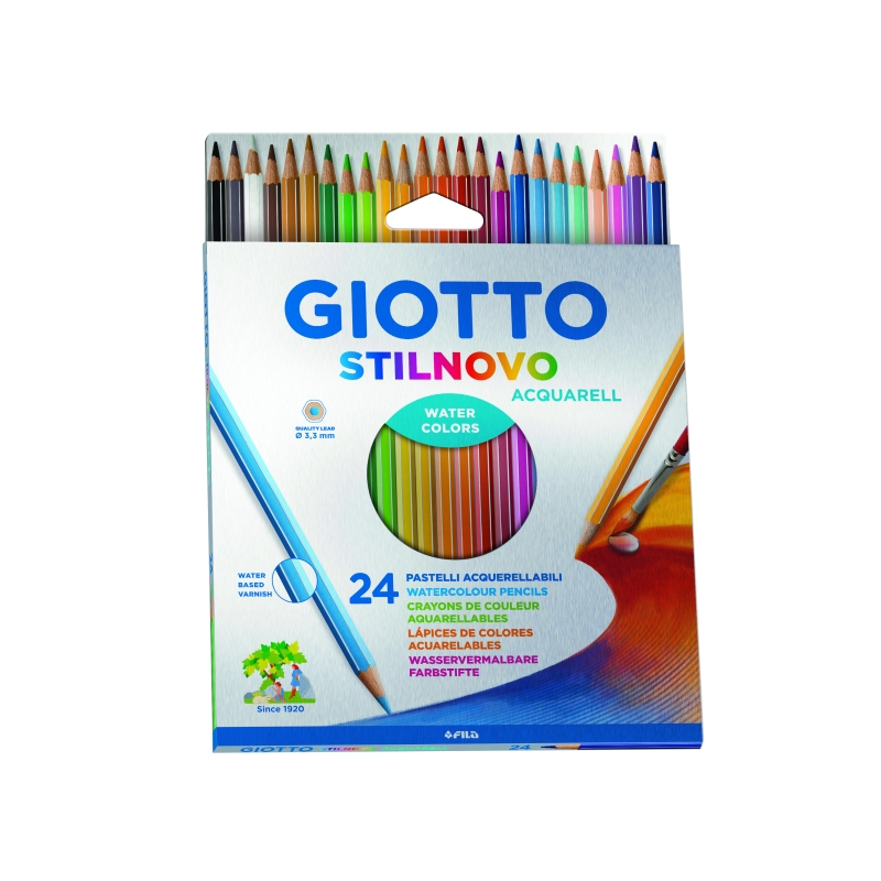 Crayons de couleur aquarelle Giotto Stilnovo Acqarell, lot de 24, forme hexagonale, mine 3,3 mm, couleurs assorties
