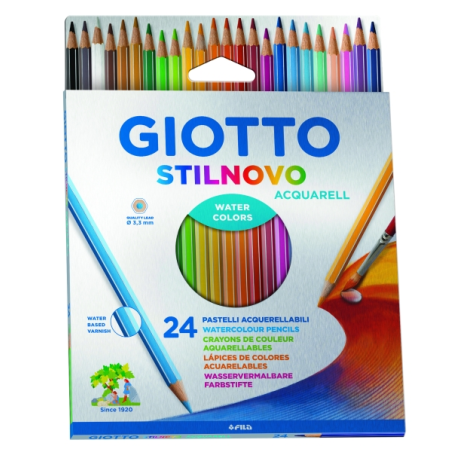Crayons de couleur aquarelle Giotto Stilnovo Acqarell, lot de 24, forme hexagonale, mine 3,3 mm, couleurs assorties