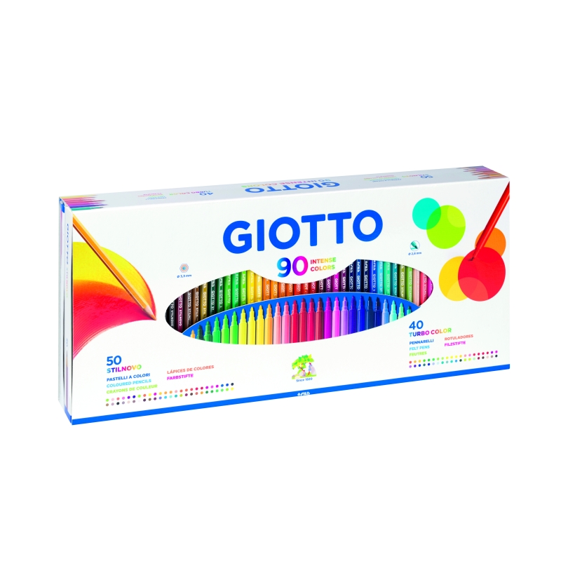 Coffret cadeau Giotto de 90 pièces - 40 marqueurs Giotto Turbo Color - 50 crayons de couleur Giotto Stilnovo - Couleurs assortie