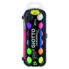Giotto Fluo Pack de 12 aquarelles - 1 pinceau inclus - Diamètre du godet 30 mm - Couleurs fluorescentes
