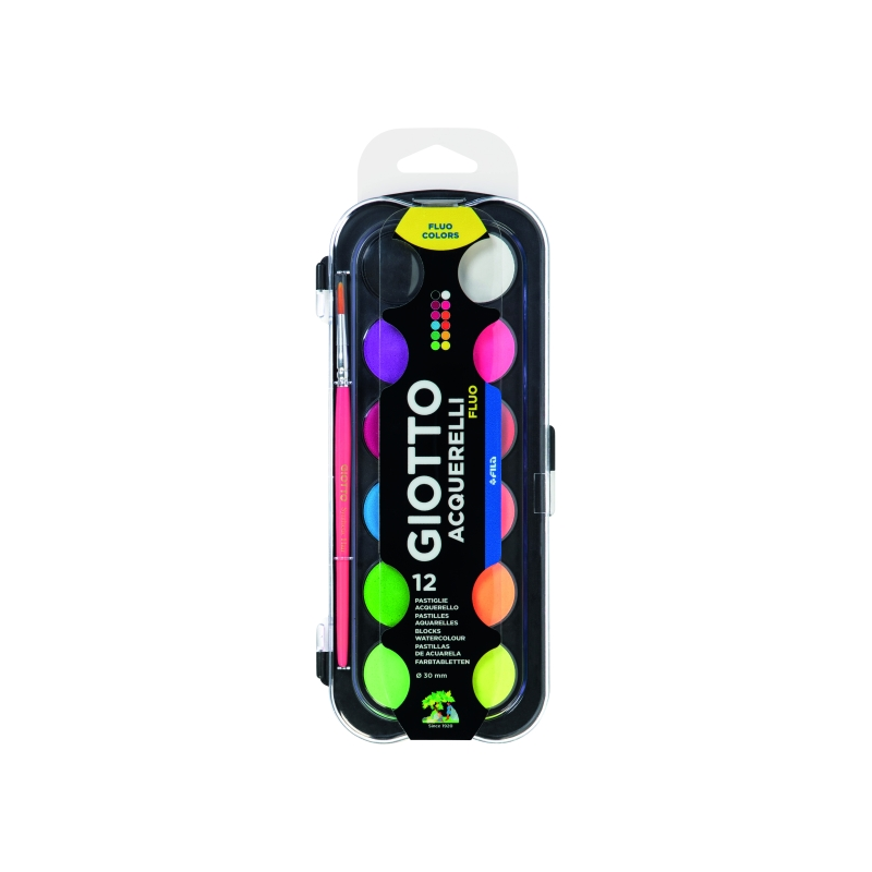 Giotto Fluo Pack de 12 aquarelles - 1 pinceau inclus - Diamètre du godet 30 mm - Couleurs fluorescentes