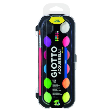 Giotto Fluo Pack de 12 aquarelles - 1 pinceau inclus - Diamètre du godet 30 mm - Couleurs fluorescentes