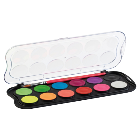Giotto Fluo Pack de 12 aquarelles - 1 pinceau inclus - Diamètre du godet 30 mm - Couleurs fluorescentes