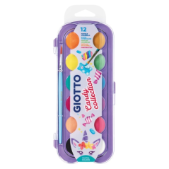 Giotto Candy Collection Etui de 12 Aquarelles 30 mm + Pinceau - Couleurs Vives, Intenses et Vives - Très couvrantes - Couleurs A
