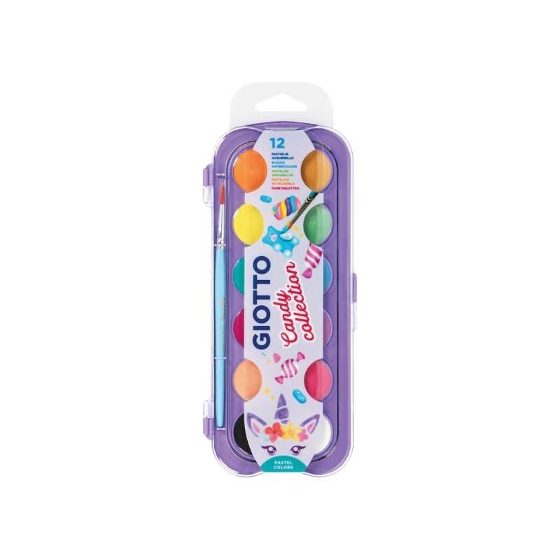 Giotto Candy Collection Etui de 12 Aquarelles 30 mm + Pinceau - Couleurs Vives, Intenses et Vives - Très couvrantes - Couleurs A